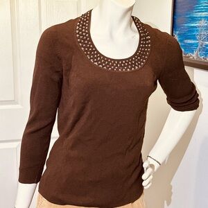 Vintage Sigrid Olsen Beaded top blouse Brown w Clear Glass Beads around Neck